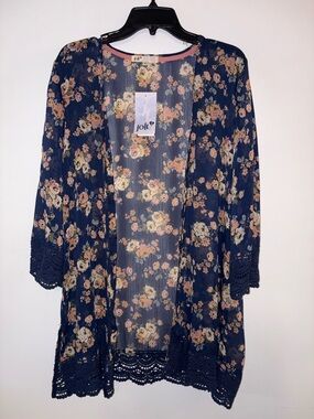 Jolt Navy Floral Lace-Trim Open Kimono